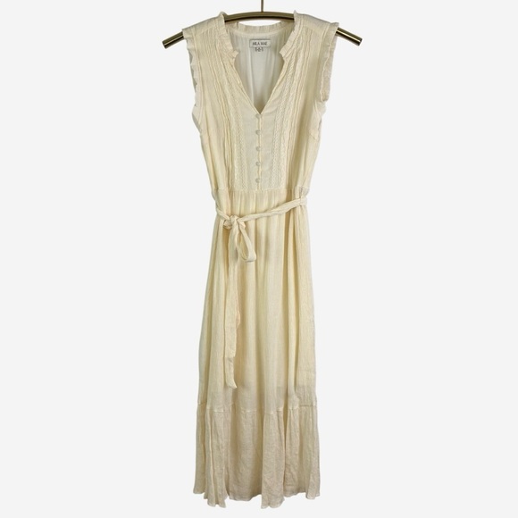 Mila Mae Sleeveless Tiered Midi Dress Size M Ivory V-Neck Button Details Belted - Picture 2 of 9